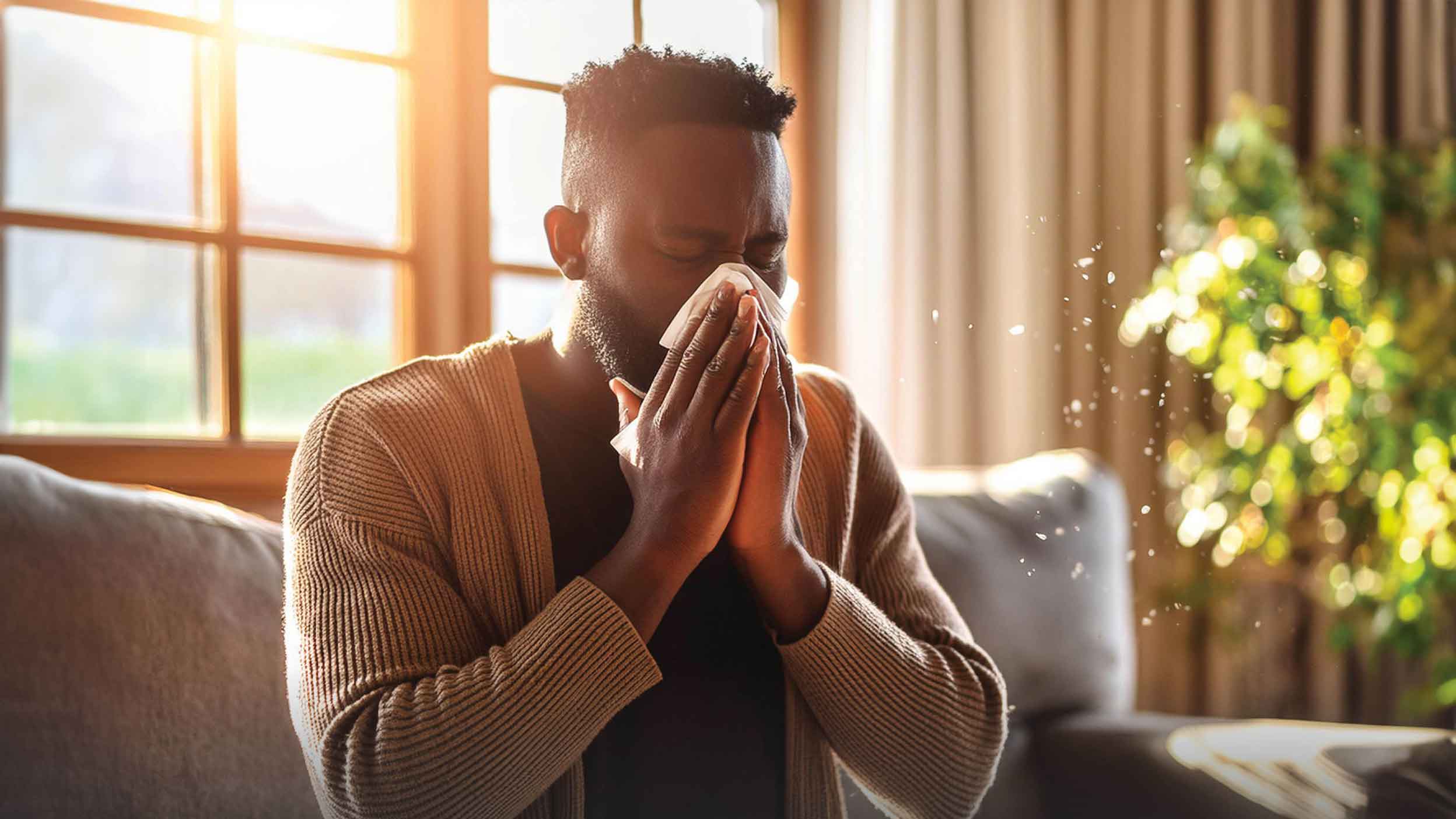 Man sneezing in home and air particles enter the air