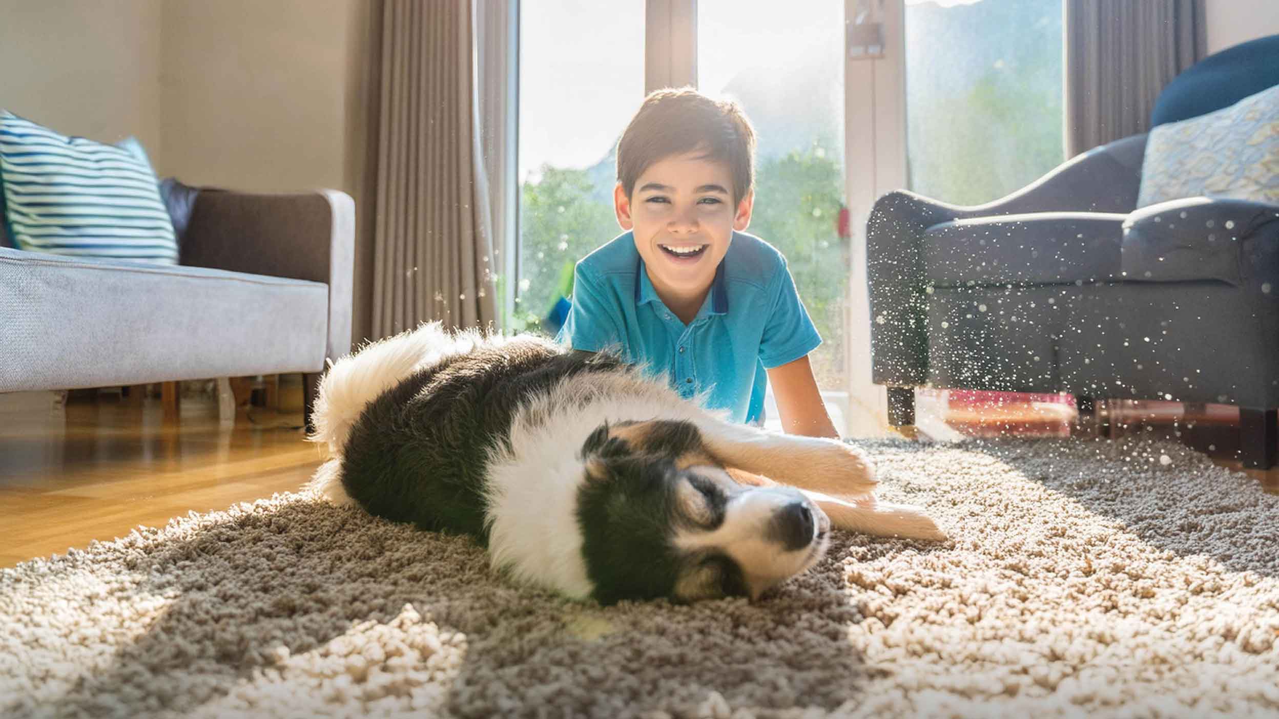Small boy playing with family dog with air particles present